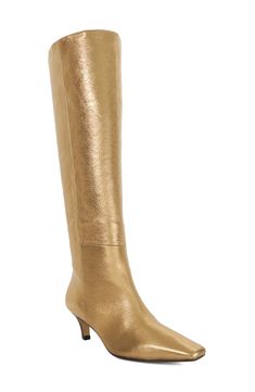 A slender square toe and metallic leather upper bring contemporary intrigue to a knee-high boot lifted by a tapered comma heel for a modest lift. 2" heel Pull-on style Leather upper/textile lining/synthetic sole Imported Chic Fitted Gold Knee-high Boots, Fitted Knee-high Gold Boots, Fitted Gold Knee-high Boots, Gold Fitted High Heel Knee-high Boots, Elegant Gold Knee-high High Heel Boots, Hair Care Gifts, Oxford Heels, Dune London, Walker Shoes