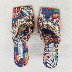 Popo Slip On Square Open Toe High Heel Clogs Mules Slides Multi Print | Totally Wicked Footwear Trendy Gold-studded Open Toe Sandals, Denim Slides, Carnival Fashion, High Heel Clogs, Boho Shoes, Shoes Heels Classy, Stylish Summer Outfits, Open Toe High Heels, Clog Heels