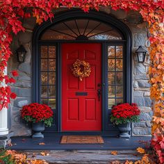 a red door surrounded by fall leaves and flowers on a stone house with two planters