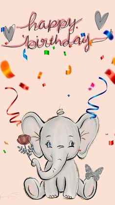 an elephant holding a flower with confetti and streamers in the background that says happy birthday