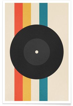 a record on a multicolored striped background