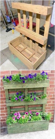 two pictures with flowers growing in them and the bottom one is made out of wooden pallets