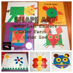 four different pictures of children's art and craft projects with the words shape art on them