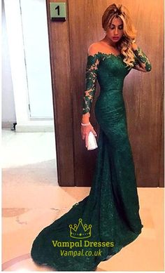 Emerald Green Off The Shoulder Sheer Sleeves Mermaid Lace Prom Dress Sukienki Maksi, Green Evening Gowns, Robes Glamour, Evening Dress Long, Mermaid Prom Dresses Lace, Prom Dresses Long Lace, Cheap Evening Dresses, Long Sleeve Prom, Chique Outfits