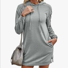 Gray New Never Worn Casual Fall Loungewear Dresses, Casual Fall Dresses For Loungewear, Casual Gray Long Sleeve Dress, Cotton Sweatshirt Dress With Long Sleeves For Spring, Casual Solid Color Hoodie For Spring, Casual Cotton Sweatshirt Dress For Fall, Cotton Sweatshirt Dress For Spring Loungewear, Spring Cotton Sweatshirt Dress For Loungewear, Casual Long Sleeve Sweatshirt Dress For Fall