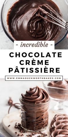 chocolate creme in a glass bowl with a whisk on top and the words incredible