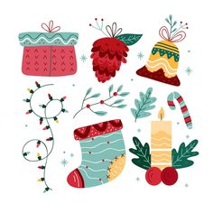 christmas stocking, stockings and candles with holly wreaths on white background - free vector