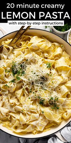 a skillet filled with lemon pasta and topped with parmesan cheese on top