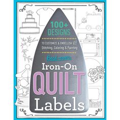 the iron on quilt labels are shown in black and white, with blue trimming