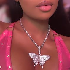 Pink Tumblr Aesthetic, Bling Necklace, Butterfly Pendant Necklace, Dope Jewelry, Cz Necklace, Girly Jewelry, Butterfly Pendant, Chain Choker