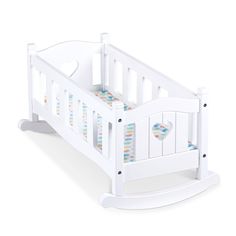 a white baby crib with hearts on the bottom and side rails, in front of a white background