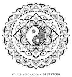 a black and white drawing of a yin - yang symbol in the center of a circular pattern