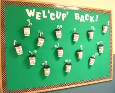 a green bulletin board with coffee cups on it and the words welcome back written in white