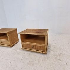 two wooden end tables with drawers on each side, one is made out of bamboo and the other has wicker