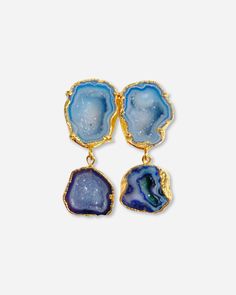 NEW! Just in time for holiday! Addie earrings are a stunner! Featuring 4 geodes set in gold. Comes in multiple colors, select in drop down. Between 2-3 inches in length and are so beautiful in person. Can be requested to be smaller or larger as well. These are much lighter than they look. We source thinner stones for max comfort! Please note, each pair is unique but will be similar to this pair. We hand pick every stone to be beautiful. These make the perfect statement for a holiday party, weddi Elegant Gold Geodes, Elegant Gold Geodes With Natural Stones, Modern Blue Earrings With Natural Stones, Something Blue, Multiple Color, Day And Night, So Beautiful, Holiday Party, Statement Earrings