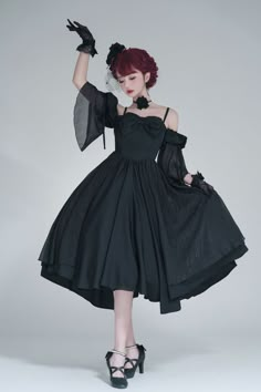 Morning Dew Black Off-the-shoulder Neckline Short Sleeves Elegant Lolita Dress OP Pose Reference Dress, Dress Pose Reference, Anime Show, Classic Lolita, Female Pose Reference, Morning Dew, Standing Poses, Human Poses Reference, Dress Drawing