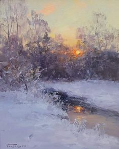 a painting of the sun setting over a snowy river with trees in the foreground