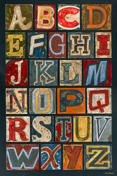 an old fashioned alphabet with letters and numbers in different colors, sizes and font styles