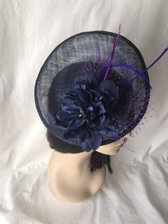 Dark Navy Blue Kentucky Derby fascinator hat, Tea party hat, Easter Women's church hat, Elegant Blue Mini Hats For Garden Party, Elegant Blue Fascinator For Garden Party, Kentucky Derby Church Costume Hats With Handmade Flowers, Blue Short Brim Fascinator For Wedding, Blue Cloche Hat For Party, Handmade Flowers Fascinator With Wide Brim For Party, Kentucky Derby Wedding Mini Hats With Round Crown, Blue Sinamay Fascinator For Kentucky Derby, Royal Ascot Cloche Fascinator For Church