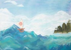 a painting of a sailboat in the ocean with an island in the distance and clouds above it