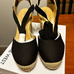 Nib. Friend Ankle Wrap Espadrille Wedge Sandals. From A Pet Free And Smoke Free Home. Size 7m Heel Height 3.7” Espadrille High Heels With Wrapped Heel, Casual Wedge Heels With 4-inch Heel, Black High Heel Espadrille Sandals, Espadrille Wedge Heel With Wrapped Heel, Casual High Heel Espadrilles With Wrapped Heel, Casual Espadrilles With Wrapped High Heel, Black Espadrille-style Wedge Sandals With Platform, Black Espadrille Platform Wedge Sandals, Casual Wedge Sandals With 4-inch Heel And Closed Toe