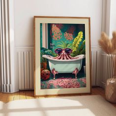 a bathroom scene with an octopus in the bathtub and potted plants on the floor