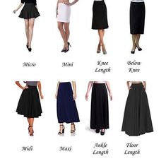 Types Of Skirts Style Fashion, Name Of Skirts, Skirt Length Guide, Ladies Aesthetic, Basic Skirts, Fashion Terminology, Gothic Stuff, Bell Skirt, Godet Skirt