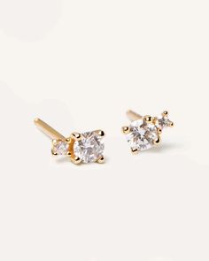 Diamonds and Yellow Gold Solitaire Duo Studs - PDPAOLA Evening Jewelry, Yellow Gold Solitaire, Letter Bracelet, Solitaire Studs, Jewelry Essentials, Diamonds And Gold, Fine Jewelry Collection, Kids Jewelry, Everyday Jewelry