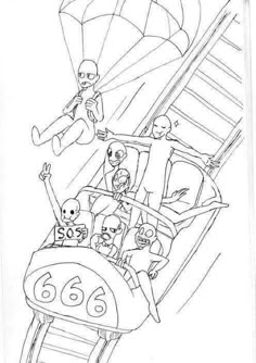 a drawing of people riding on top of a boat