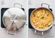 two pictures showing how to cook vegetables in a saucepan