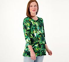 An eye-catching print, a flattering A-line silhouette, and shirring along the sleeves -- what's not to love about this beautiful blouse? Plus, the Liquid Knit® feels oh-so soft and comfy on your skin. From Susan Graver. Susan Graver, Beautiful Blouses, Your Skin, Scoop Neck, Length Sleeve, A Line, Top Blouse, Tops & Tees, Knitting