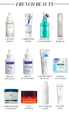 Graphic showing 24 of the best French beauty products from skincare to haircare. Healthy Skin Care Acne, Nuxe Body Oil, Skincare Images, France Souvenirs, European Skincare, French Beauty Products, Paris Skincare, Klorane Dry Shampoo, Beauty Cabinet