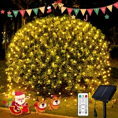 an outdoor christmas scene with santa claus and his reindeer sleigh next to a solar powered tree