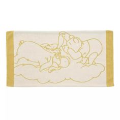 a yellow and white towel with an image of two people in the clouds on it