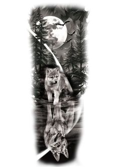 an image of two wolfs in front of the moon with trees and water reflection