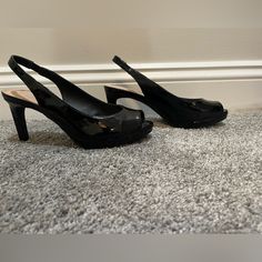 Never Worn. Black Sling Back Patent Leather Heel Black Open Toe Slingback Pumps For Office, Black Synthetic Slingback Pumps For Evening, Formal Black Synthetic Slingback Pumps, Navy Heels, Floral Pumps, Orange Heels, Leopard Pumps, Black Jewel, Strappy Stilettos