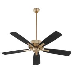 a gold ceiling fan with black blades