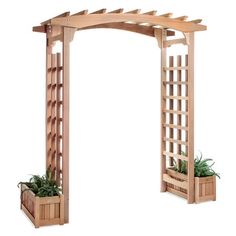 a wooden arbor with two planters on each side