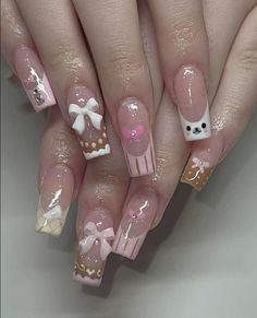 Cutecore Nails, Rilakkuma Nails, Kitsch Nails, Bears Nails, Grunge Nails, Girly Acrylic Nails, Pretty Gel Nails, Really Cute Nails, Unique Acrylic Nails