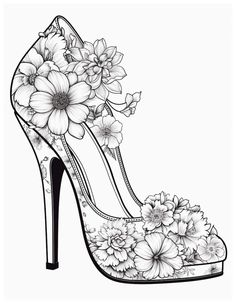 a drawing of a high heeled shoe with flowers on the side and an open toe