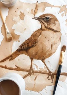 a bird sitting on top of a piece of paper next to a cup of coffee