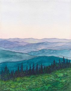 a watercolor painting of mountains and trees in the distance with blue sky above them