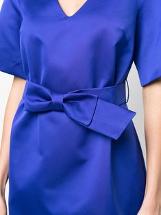 belted V-neck mini dress from P. A.R. O.S. H. featuring blue, V-neck, straight hem, short sleeves and rear zip fastening. | P. A.R. O.S. H. belted V-neck mini dress Luxury V-neck Mini Dress With Button Closure, Luxury Blue Short Sleeve Shirt Dress, Luxury Blue Short Sleeve Dress, Luxury Blue Shirt Dress For Work, Luxury V-neck Belted Dress For Work, Luxury Blue Short Sleeve Mini Dress, Luxury Blue Dresses With Button Closure, Bow Detail, Dress P