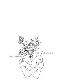 a black and white drawing of a person holding a bouquet of flowers with butterflies flying over them