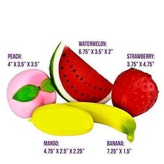 a bunch of fruit that are on a white background with measurements for each piece in front of them