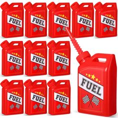 red fuel canisters with the words fuel on them, and six gallon jugs