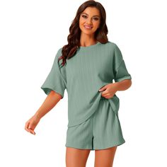 Elevate your relaxation with the Cheibear Women's Lounge Outfits, crafted for supreme comfort and effortless style. This pajama set features a casual round neck top with short sleeves and matching shorts, both designed in a chic ribbed texture and a soothing green hue.

- Material: 95% Polyester, 5% Spandex
- Color: Green
- Gender: Female
- Size: Large
- Features: Breathable, moisture-wicking, skin-friendly fabric

Ideal for lounging around the house or enjoying a peaceful night's sleep, this se Cozy Sleepwear For Loungewear, Solid Soft Texture Sleepwear For Loungewear, Solid Color Soft Texture Sleepwear For Loungewear, Solid Color Soft Textured Sleepwear For Loungewear, Soft Texture Solid Color Loungewear Sleepwear, Casual Ribbed Sleepwear For Loungewear, Casual Ribbed Sleepwear For Lounging, Casual Ribbed Sleepwear With Relaxed Fit, Ribbed Relaxed Fit Sleepwear For Lounging