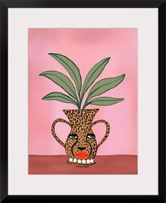 a painting of a potted plant on a pink background with a black framed frame