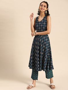 Buy MABISH By Sonal Jain Women Navy Blue Printed Pleated Kurta With Palazzos - Kurta Sets for Women 15494580 | Myntra Backless Kurti, Western Dress For Women, Designer Sharara Suits, Indian Dresses For Women, Kurti With Palazzo, Kurta With Palazzo, Kurti Set, Indo Western Dress, Kurtis With Pants