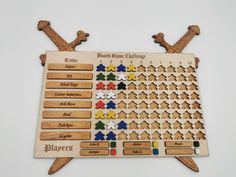 a wooden game board with several pieces of wood and numbers on the front, including two crossed swords